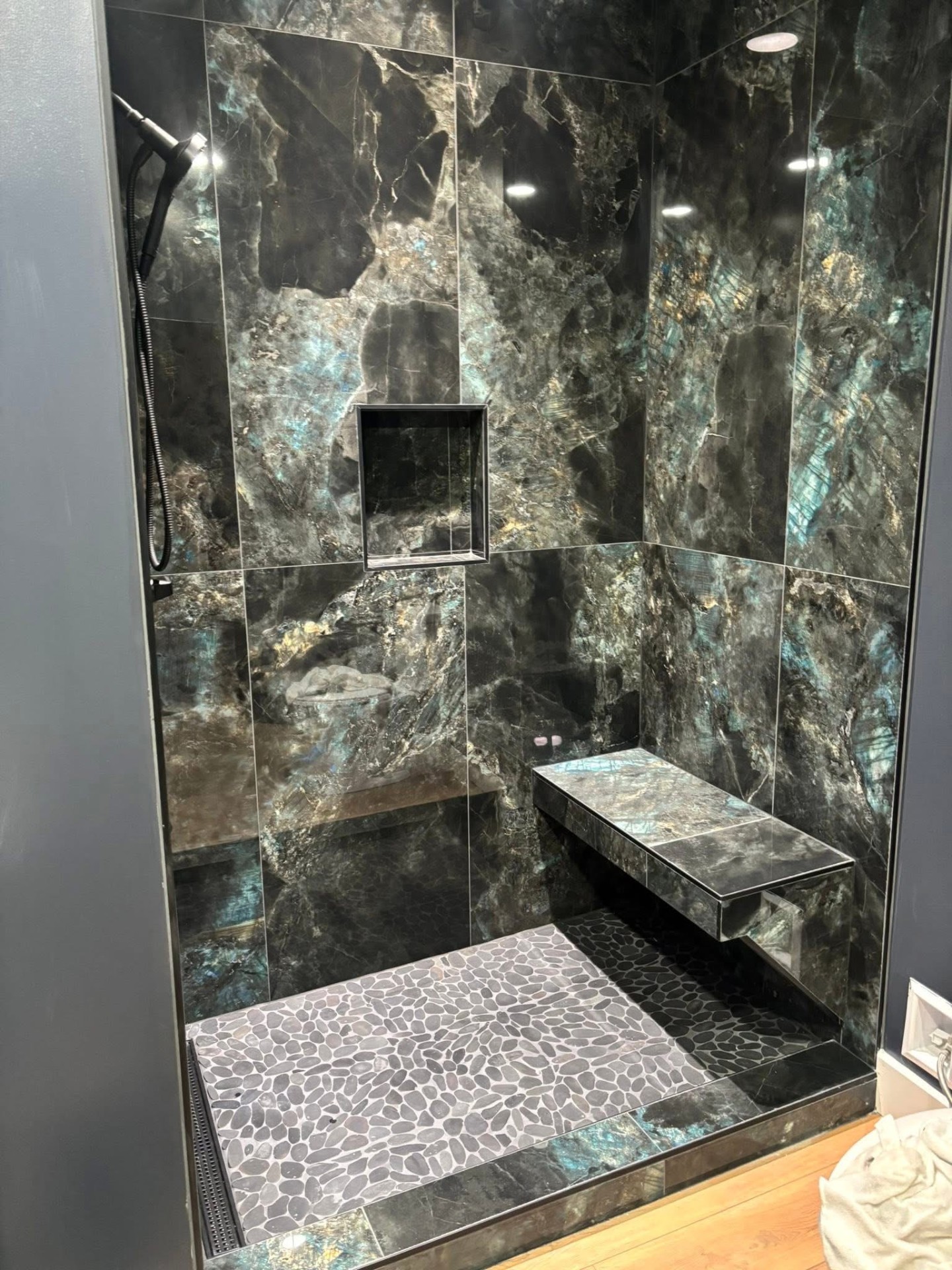 Statement Shower: Labradorite Surround after